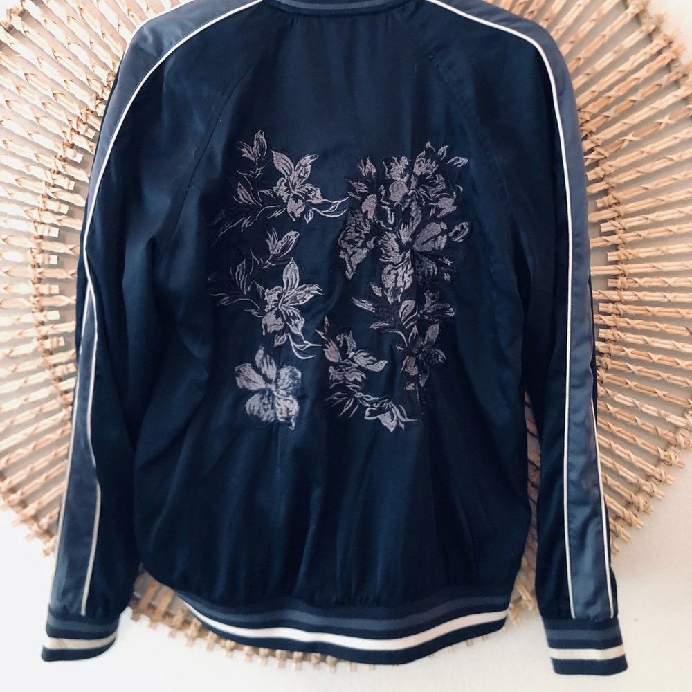 Navy blue satin embroidered varsity bomber jacket